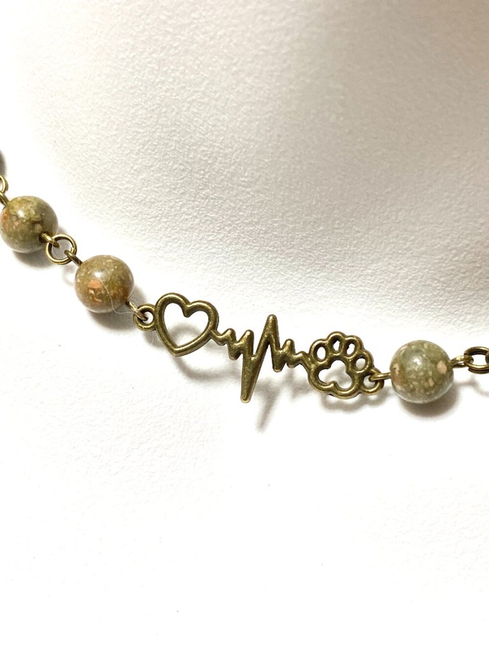 Earthy Unakite Short Necklace, Gemstone & Bronze Paw Print Heart Beat Charm